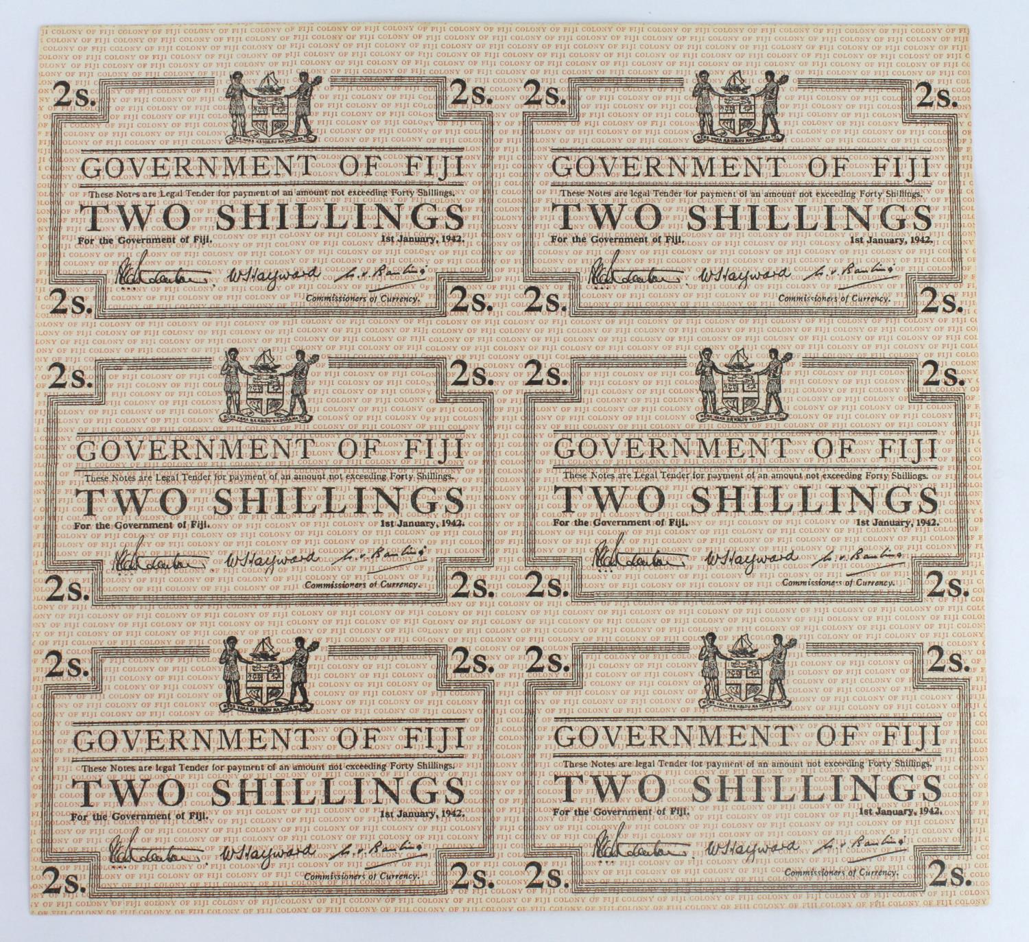 Fiji 2 Shillings (6) dated 1st January 1942, an uncut sheet of 6 unissued remainders without