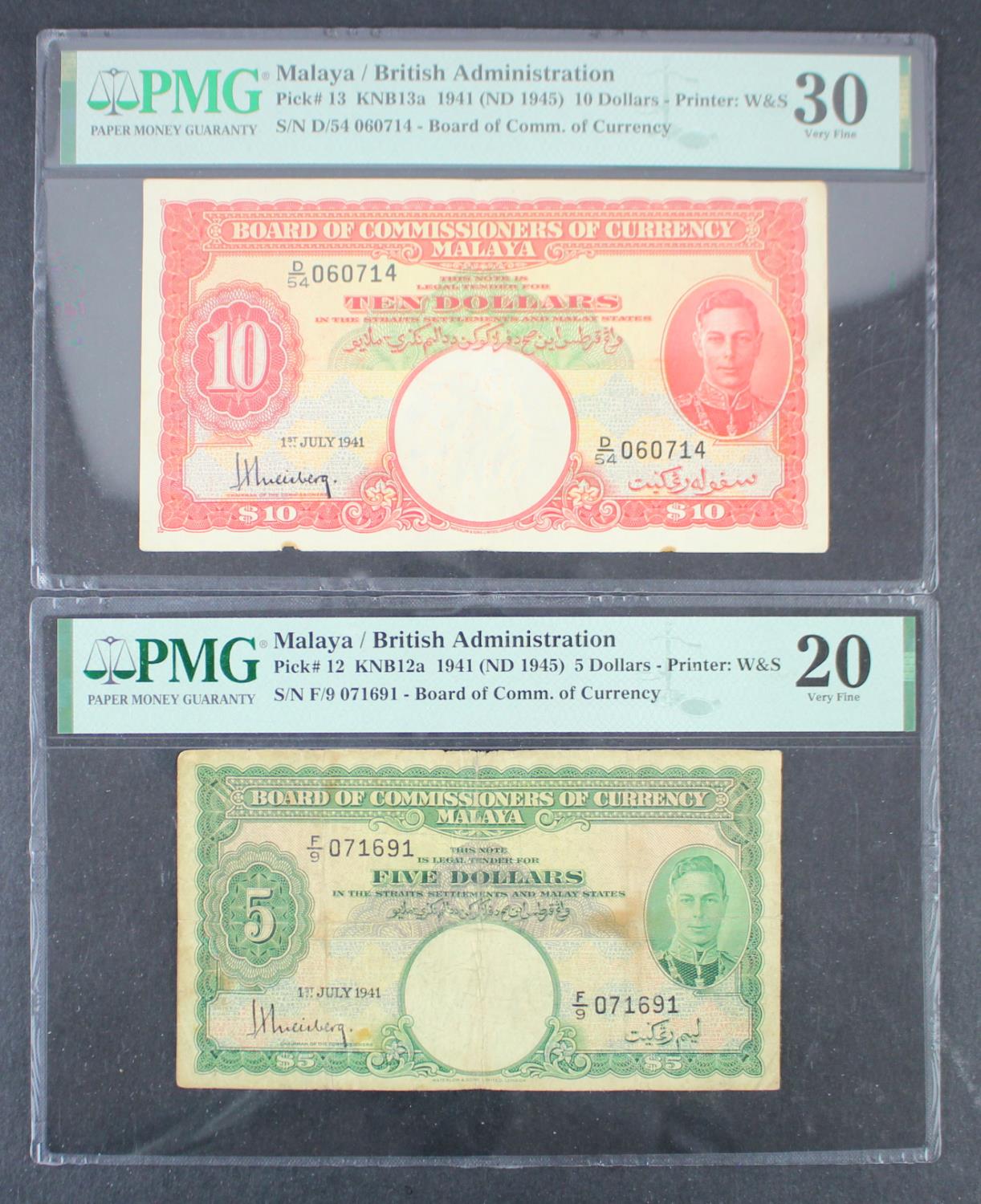 Malaya (2) 10 Dollars dated 1st July 1941, portrait King George VI at right, serial D/54 060714 (BNB