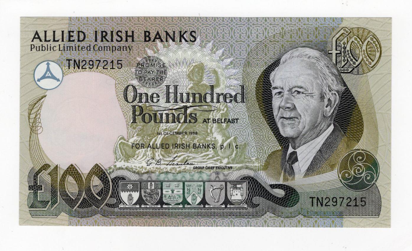 Northern Ireland, Allied Irish Banks 100 Pounds dated 1st December 1988, signed G.B. Scanlan, serial