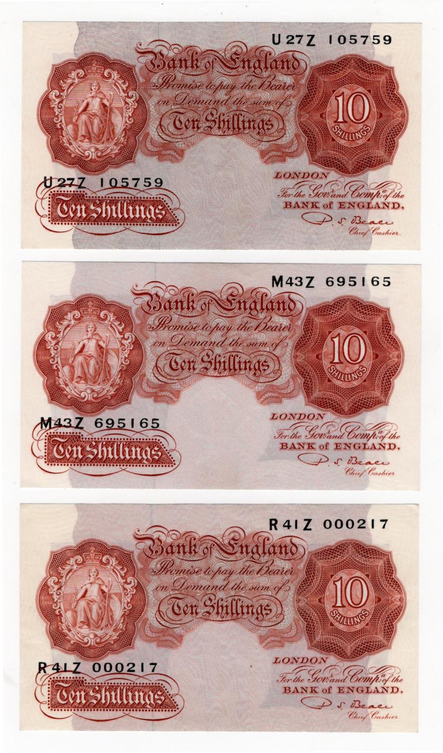 Beale 10 Shillings (B266) issued 1950 (3), a LOW serial number, serial R41Z 000217, handling EF+,