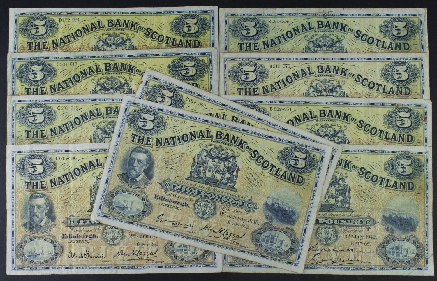 Scotland, National Bank of Scotland 5 Pounds (10), dated 1953, 1949, 1948, 1945 (2), 1943, 1942 (2),