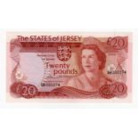 Jersey 20 Pounds issued 1976 signed Clennett, Queen Elizabeth II portrait, LOW SERIAL number, serial