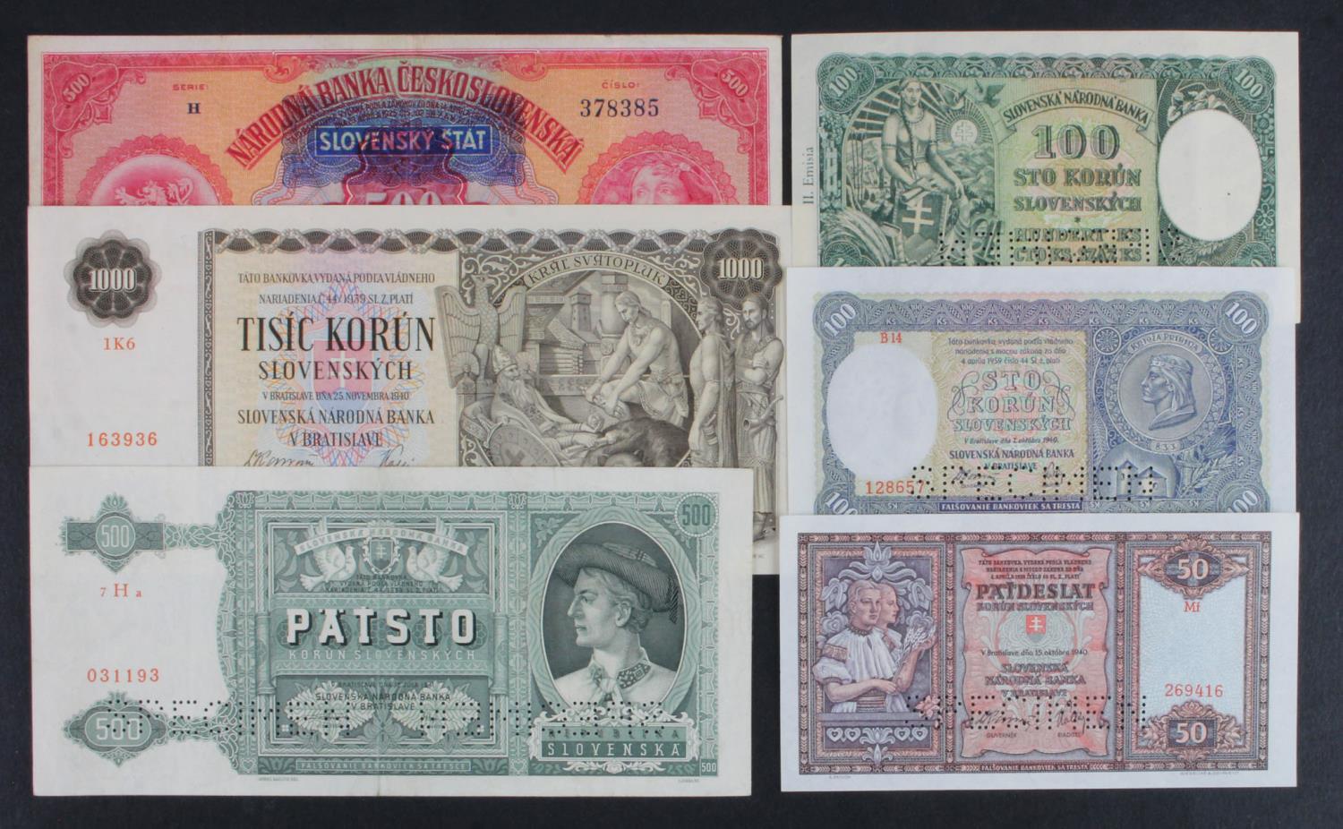 Slovakia (6), a collection of SPECIMEN notes comprising 100 Korun and 50 Korun dated 1940, 100 Korun