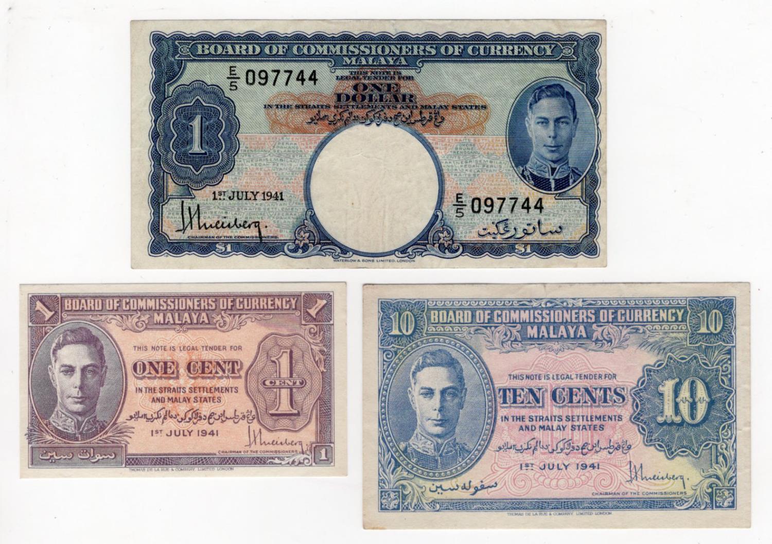 Malaya (3), 1 Dollar dated 1st July 1941 (BNB B112a, Pick11) about VF, 10 Cents uniface with no