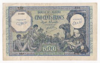 Algeria 500 Francs dated 5th June 1943, serial T.70 668 (BNB B136a, Pick93) pinholes, Fine+