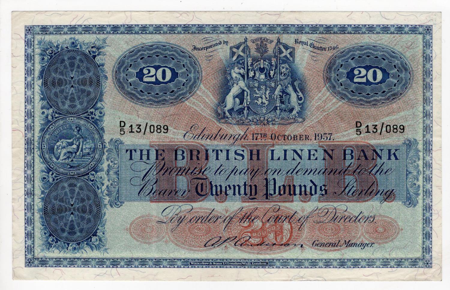 Scotland, British Linen Bank 20 Pounds dated 17th October 1957, signed A.P. Anderson, serial D/5