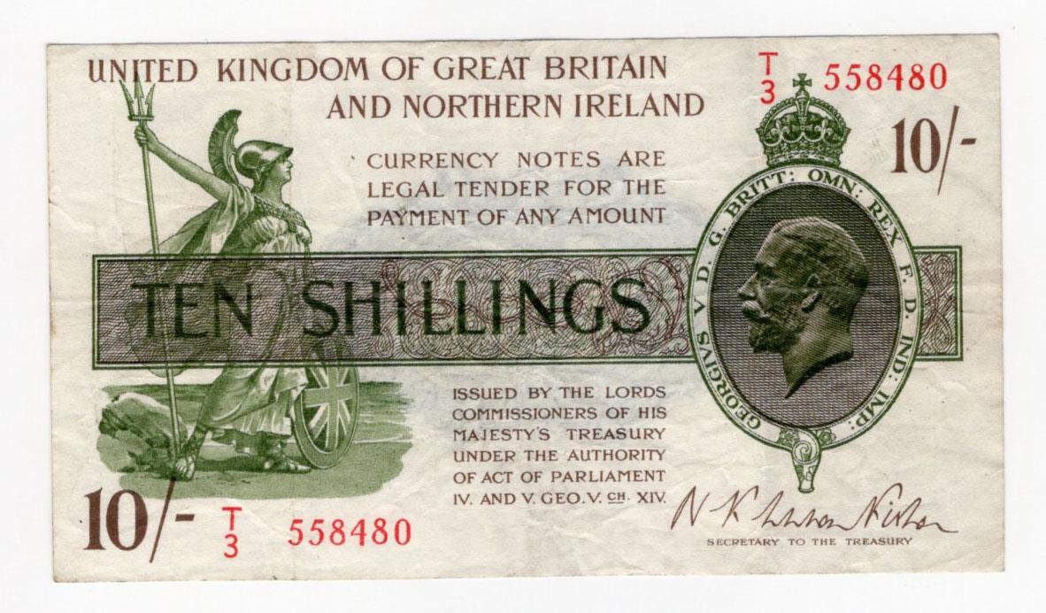 Warren Fisher 10 Shillings (T33) issued 1927, serial T/3 558480, Great Britain & Northern Ireland