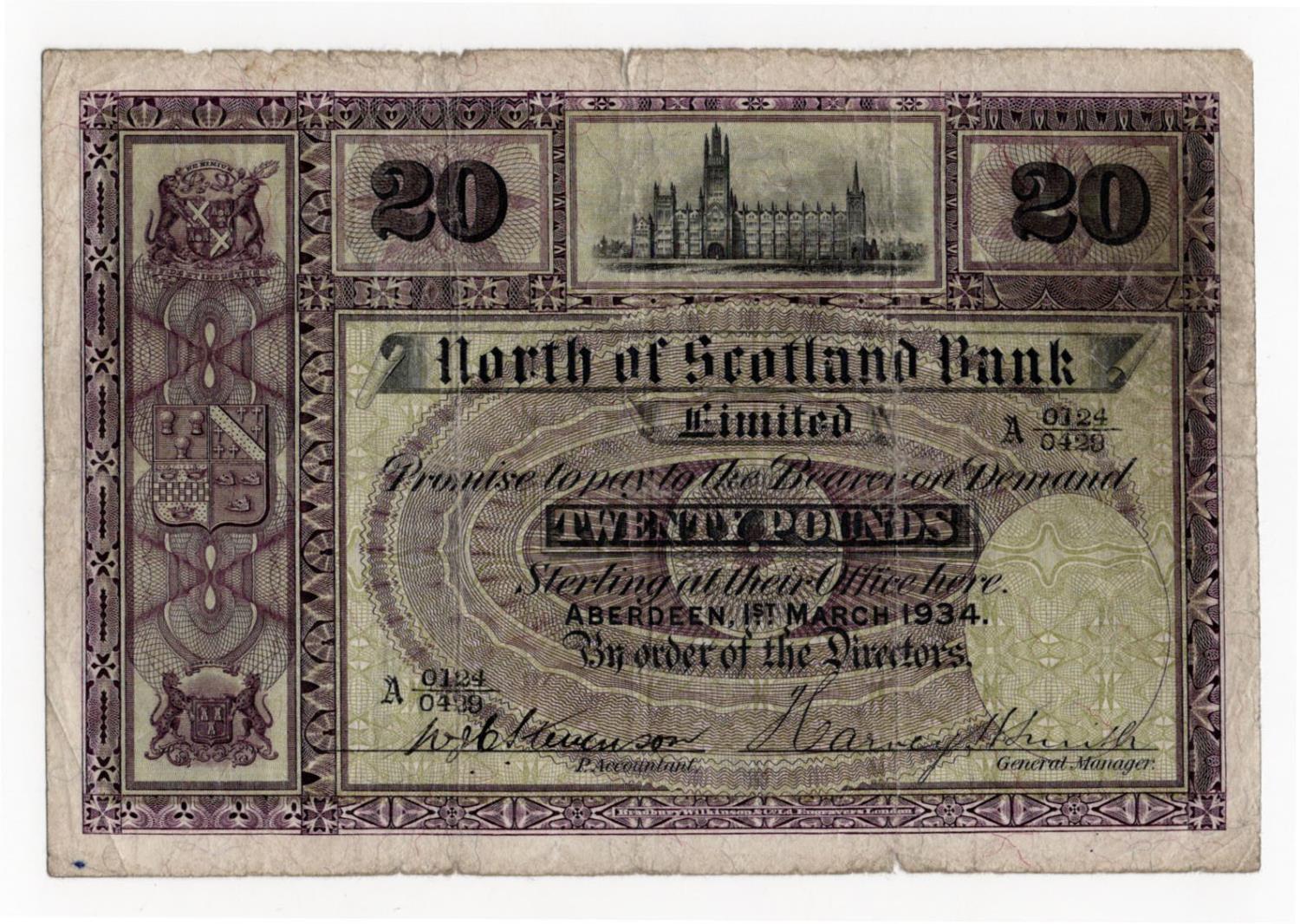 Scotland, North of Scotland Bank 20 Pounds dated 1st March 1934, signed Harvey Smith and