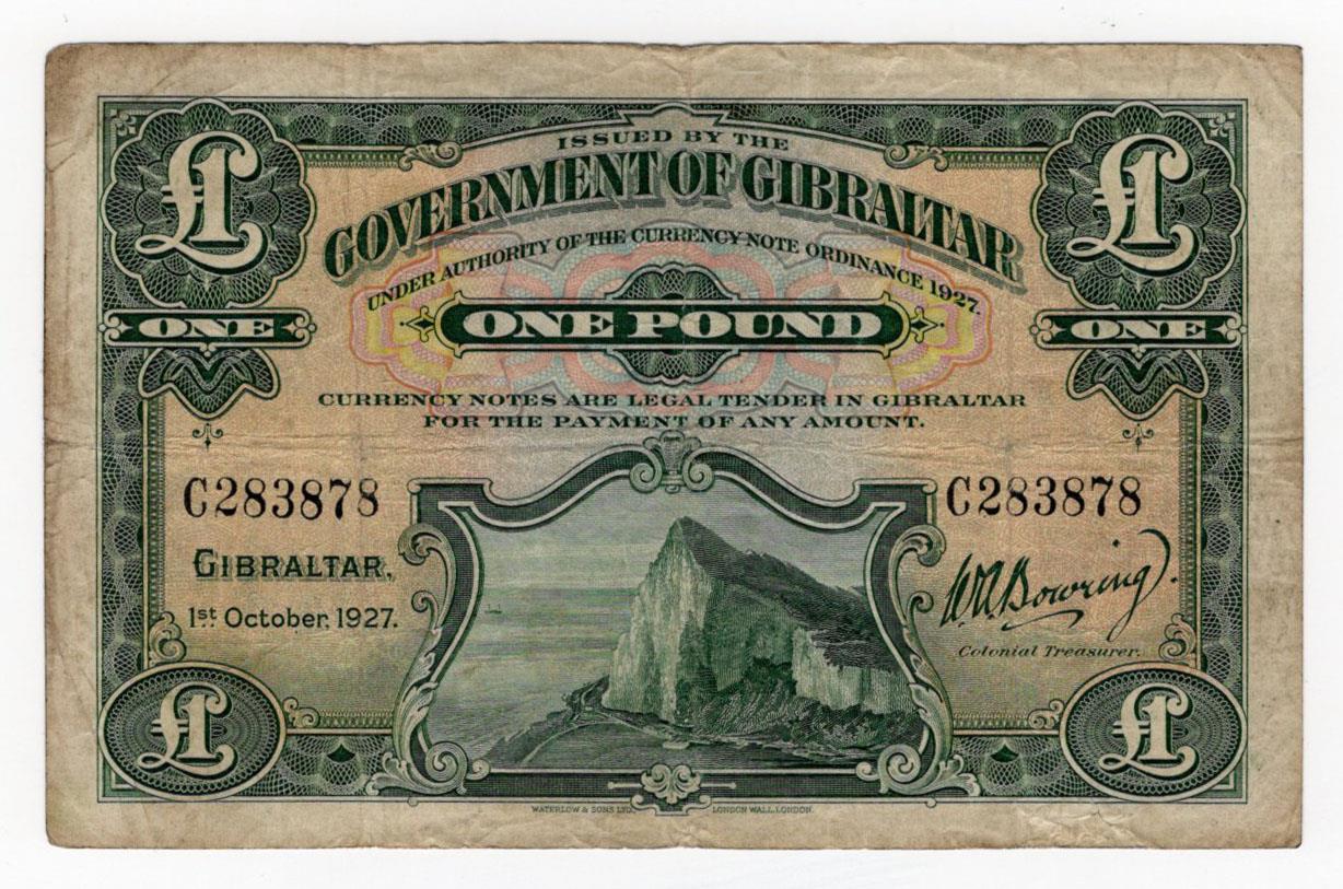 Gibraltar 1 Pound dated 1st October 1927, very rare first date of issue, signed W.A. Bowring, serial