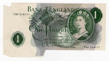 ERROR O'Brien 1 Pound issued 1960, rare large extra paper error at bottom and left, serial 73H