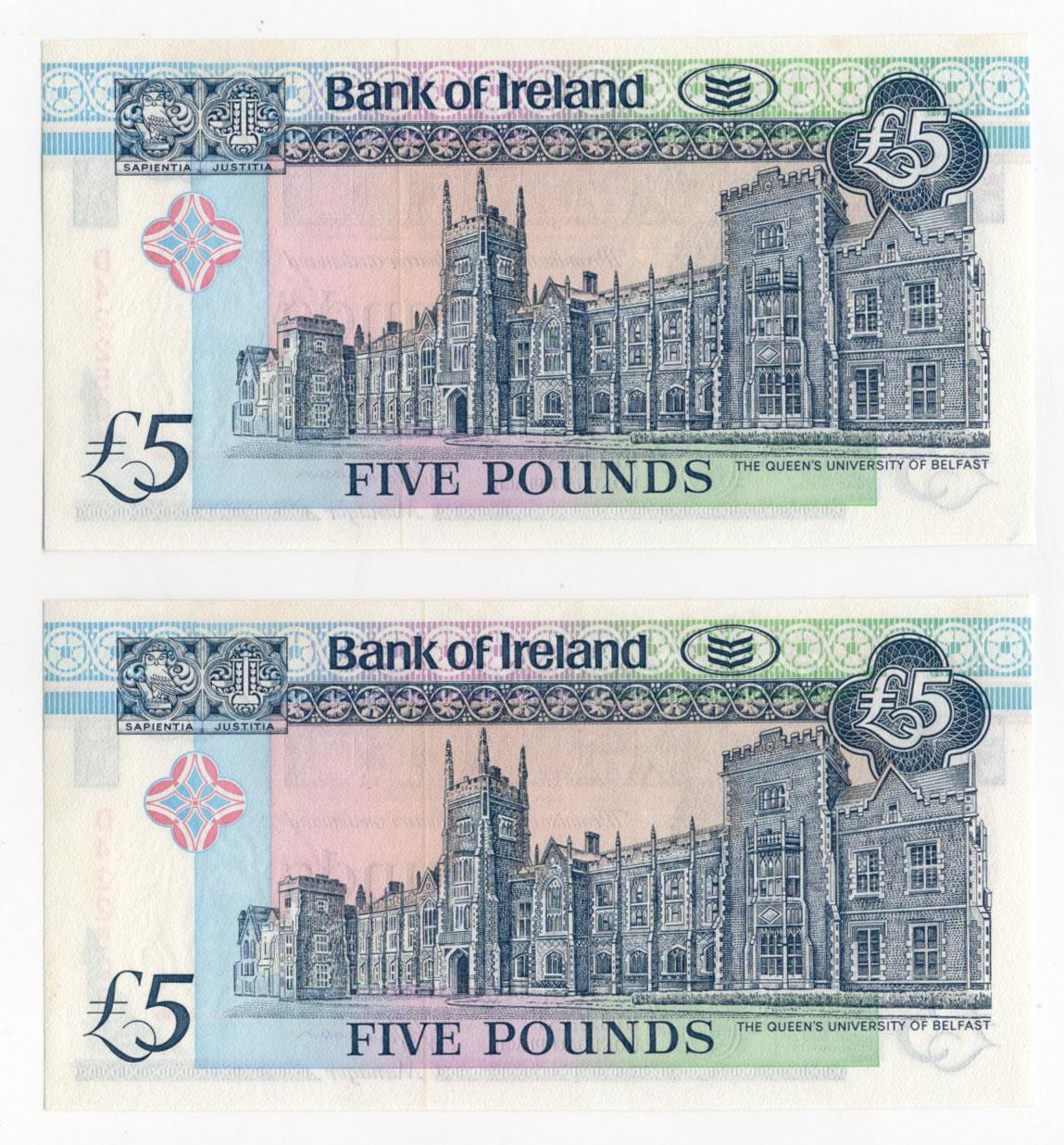 Northern Ireland, Bank of Ireland 5 Pounds (2), a consecutively numbered pair dated 28th August - Image 2 of 2