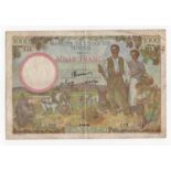 Tunisia 1000 Francs dated 4th September 1946, serial J.290 313 (BNB 225a, Pick26) pinholes, approx