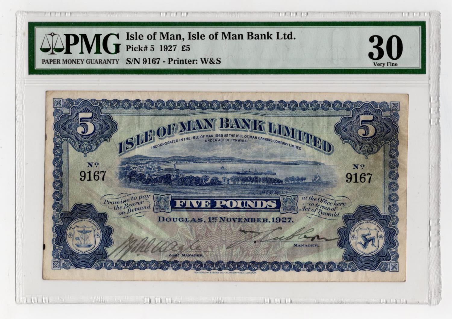 Isle of Man 5 Pounds dated 1st November 1927, signed Cubbon & Quayle, FIRST date and signature
