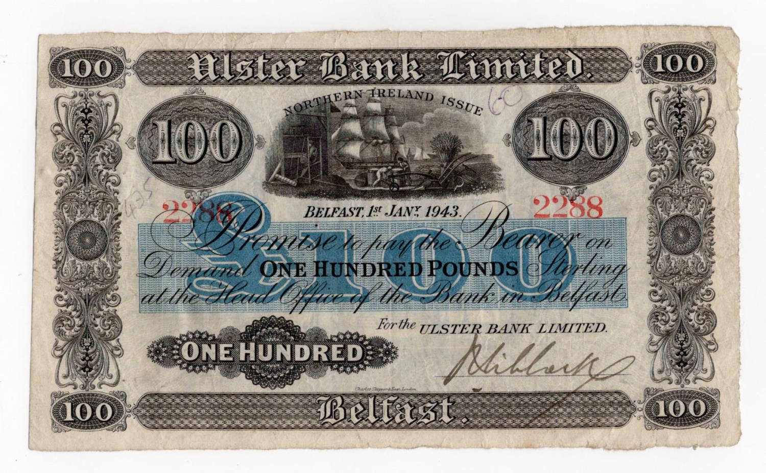 Northern Ireland, Ulster Bank Limited 100 Pounds dated 1st January 1943, handsigned James Niblock,