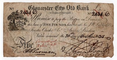 Gloucester City Old Bank 5 Pounds dated 1835 for James Wood, serial No.2434 (Outing819f) ink