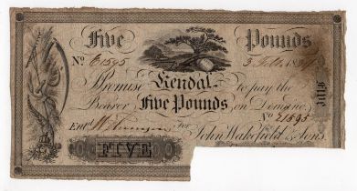 Kendal Bank 5 Pounds dated 1834, serial number E1595 for John Wakefield & Sons (Outing1060f) cut