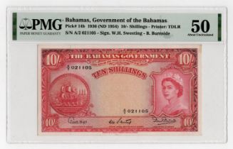 Bahamas 10 Shillings not dated, Law 1936 issued 1954, serial A/2 021105, portrait Queen Elizabeth II
