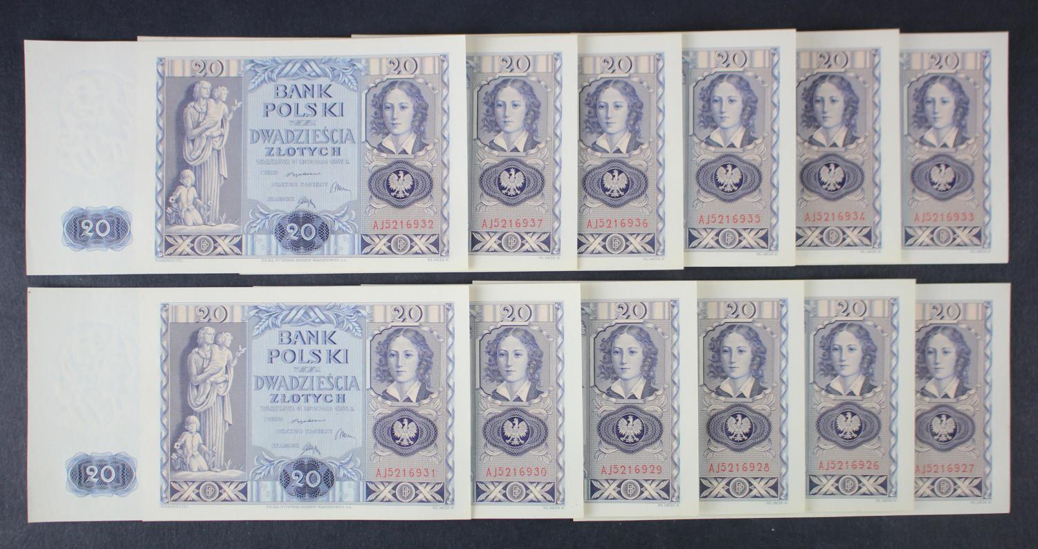 Poland 20 Zlotych (12) dated 11th November 1936, a consecutively numbered run, serial AJ 5216926 -