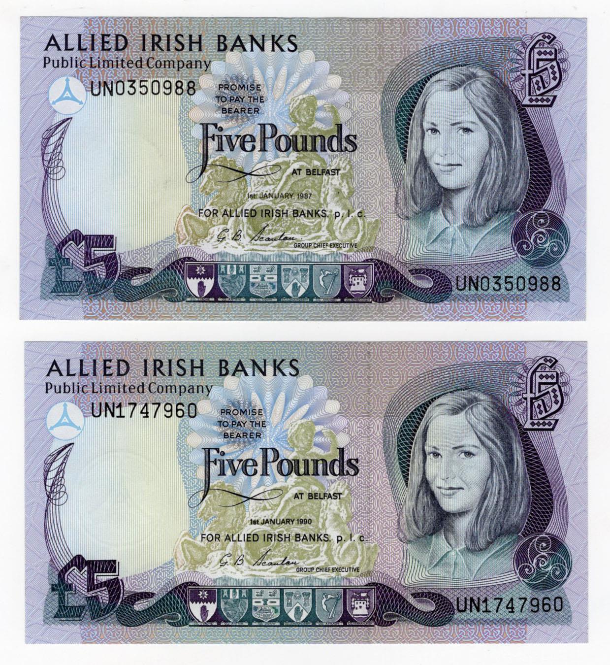 Northern Ireland, Allied Irish Banks (2), 5 Pounds dated 1st January 1987, signed G.B. Scanlon,