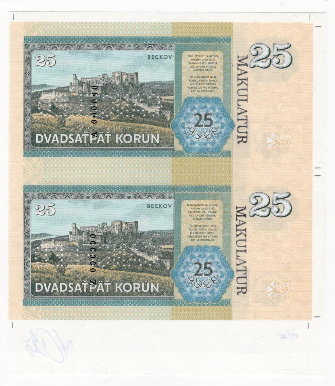 Test Note, 25 Korun Slovakia (not legal tender), private essay security printing specimen test - Image 2 of 2