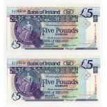 Northern Ireland, Bank of Ireland 5 Pounds (2), a consecutively numbered pair dated 16th January