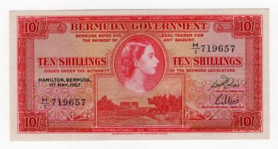 Bermuda 10 Shillings dated 1st May 1957, portrait Queen Elizabeth II at centre, serial H/1 719657 (