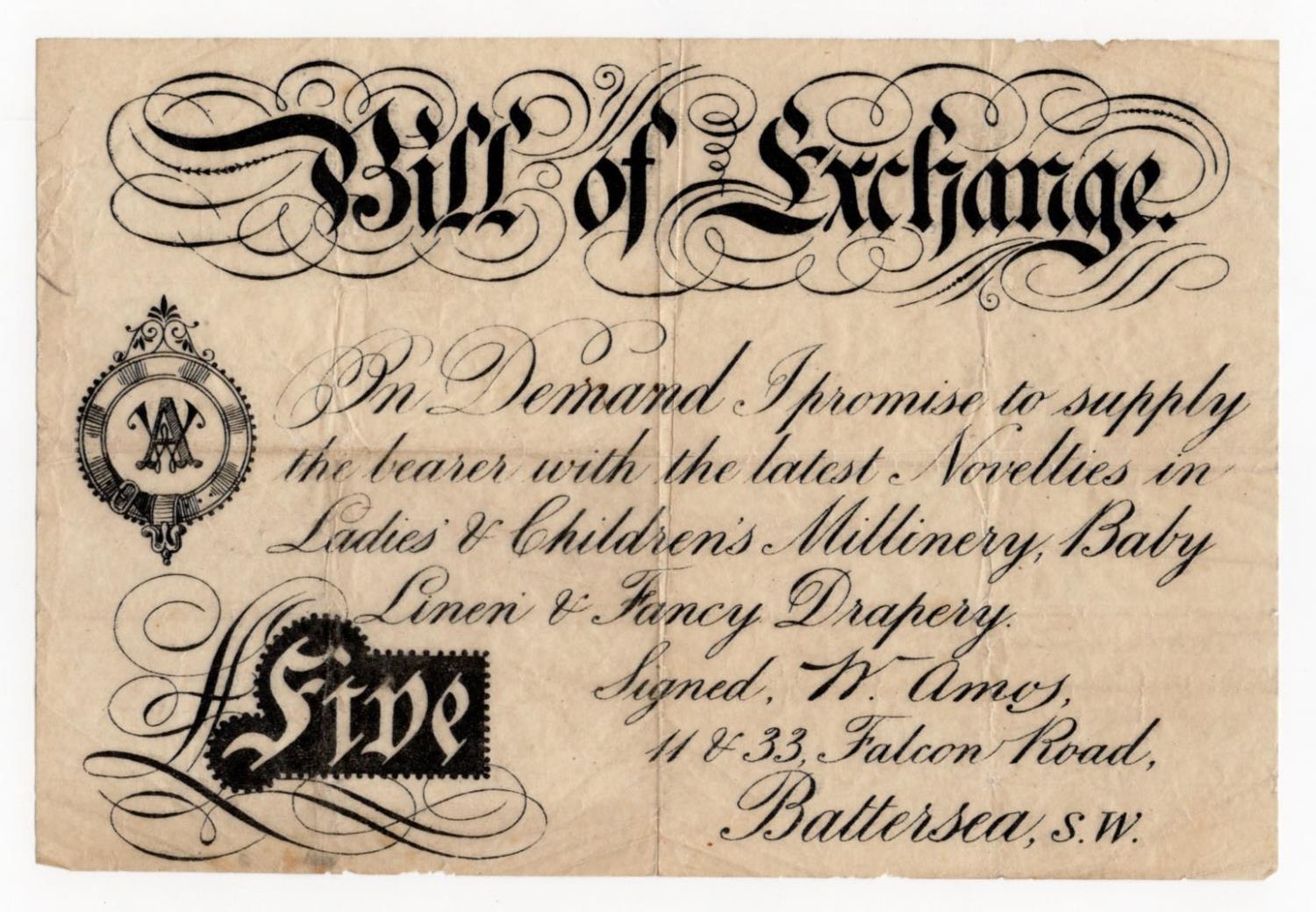 Skit Note, Bill of Exchange 5 Pounds issued by Battersea Drapery for Ladies & Childrens Millinery