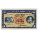 Scotland, Union Bank 5 Pounds dated 2nd April 1954, scarce LAST DATE of issue, signed William