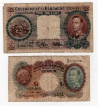 Barbados (2), 2 Dollars & 1 Dollar dated 1st June 1943, portrait of King George VI at right,