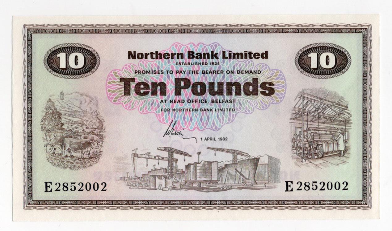 Northern Ireland, Northern Bank Limited 10 Pounds dated 1st April 1982, signed W. Erwin, serial