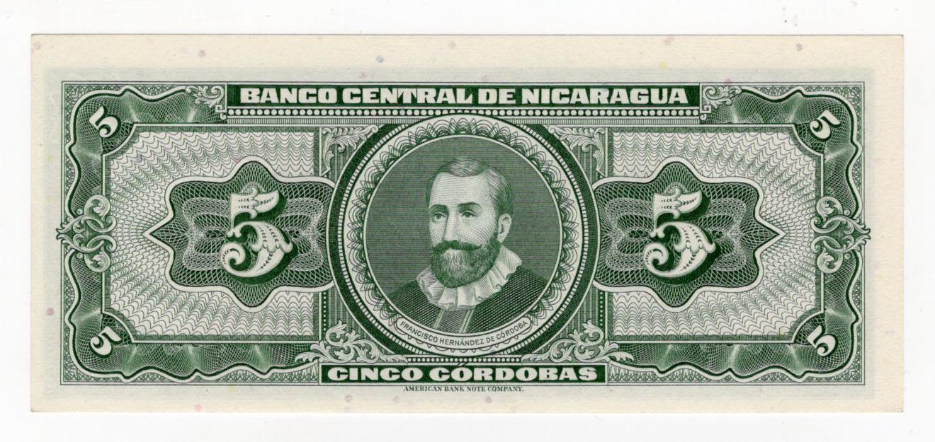 Nicaragua 5 Cordobas dated 1962 Series A, serial number 9296964 (BNB B402a, Pick108a) Uncirculated - Image 2 of 2
