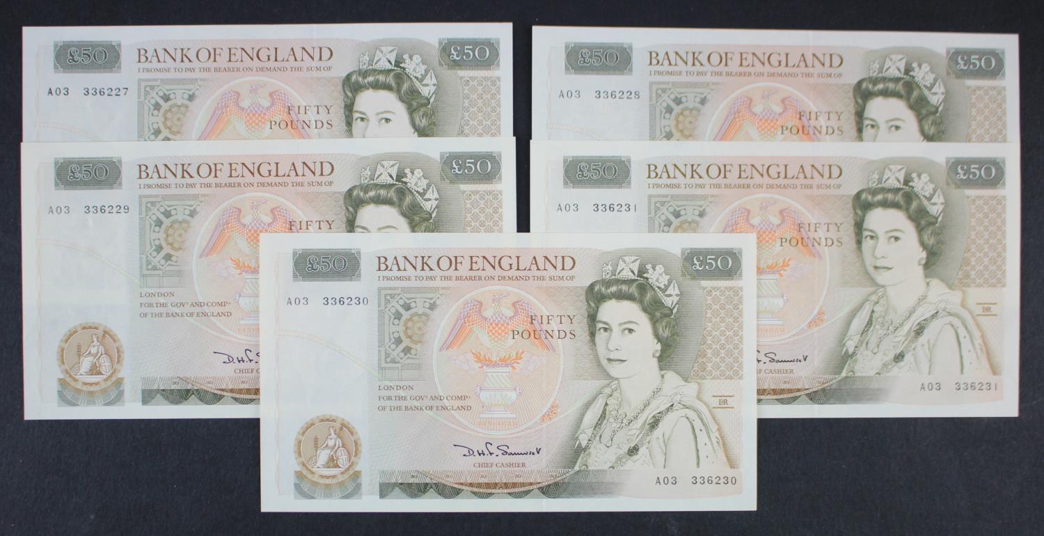 Somerset 50 Pounds (B352) issued 1981 (5), a consecutively numbered run of 'A' PREFIX notes,