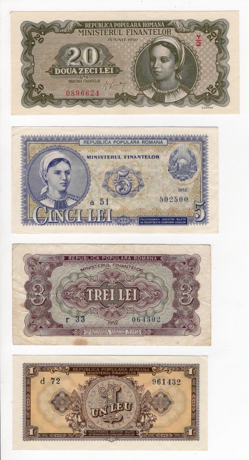 Romania (4), 20 Lei dated 15th June 1950 serial Y/2 0896624, 1 Lei, 3 Lei and 5 Lei dated 1952 (