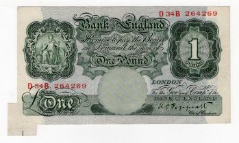 ERROR Peppiatt 1 Pound issued 1948, extra paper FISHTAIL at bottom left, serial D34B 264269 (B260,