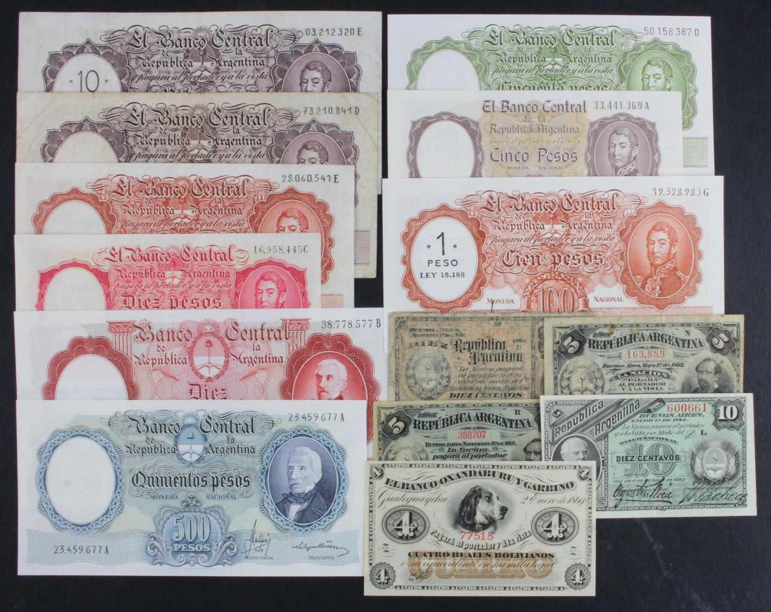Argentina (14), 1 Peso overprint on 100 Pesos 1969 - 1971, 5 Pesos, 50 Pesos, 500 Pesos, 10000 Pesos