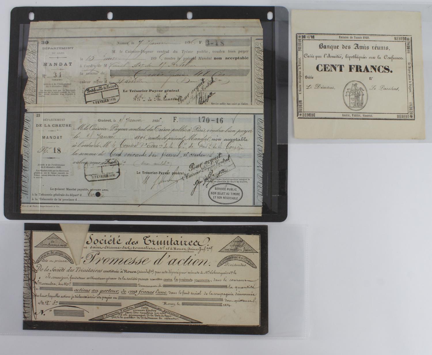 France (4), a group of 19th Century notes, Department du Gard and Department de la Creuse Mandat's