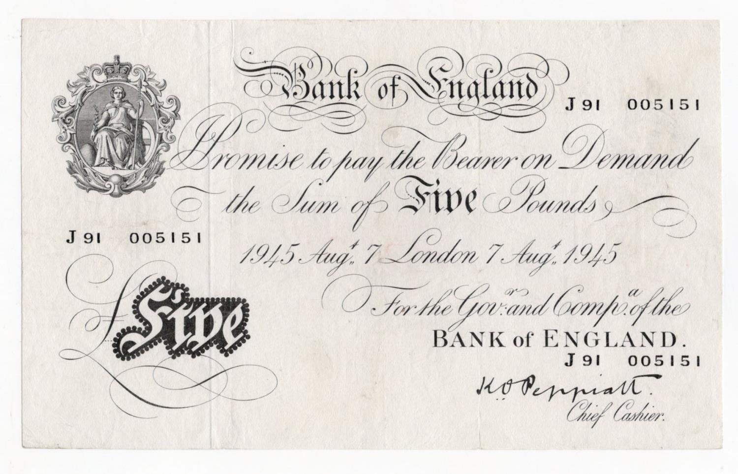 Peppiatt 5 Pounds (B255) dated 7th August 1945, serial J91 005151, London issue on thick paper (