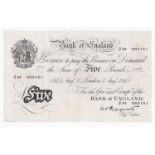 Peppiatt 5 Pounds (B255) dated 7th August 1945, serial J91 005151, London issue on thick paper (