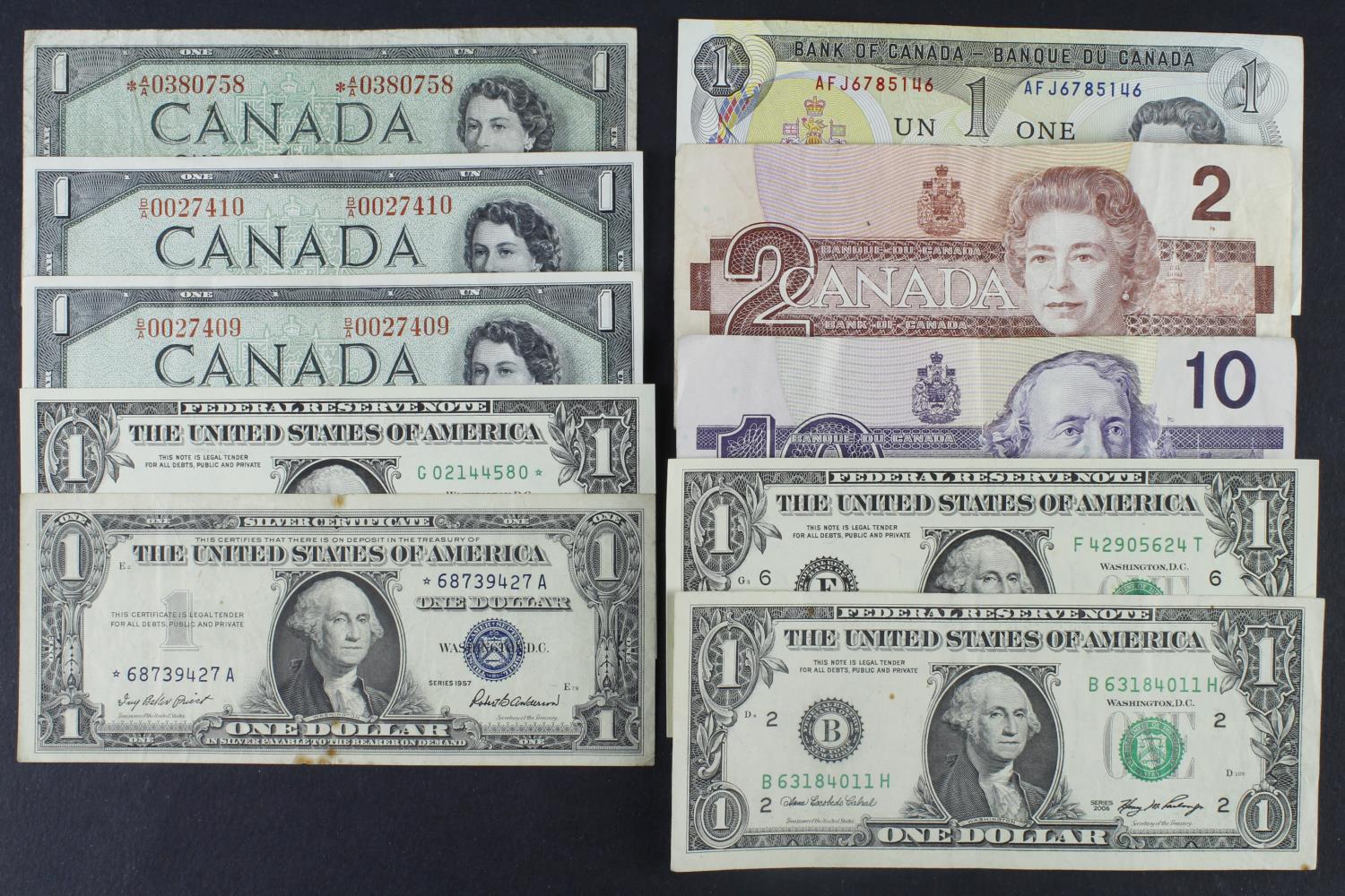 Canada and USA (10), Canada 1 Dollar dated 1954 (2) signed Coyne and Towers, a consecutively