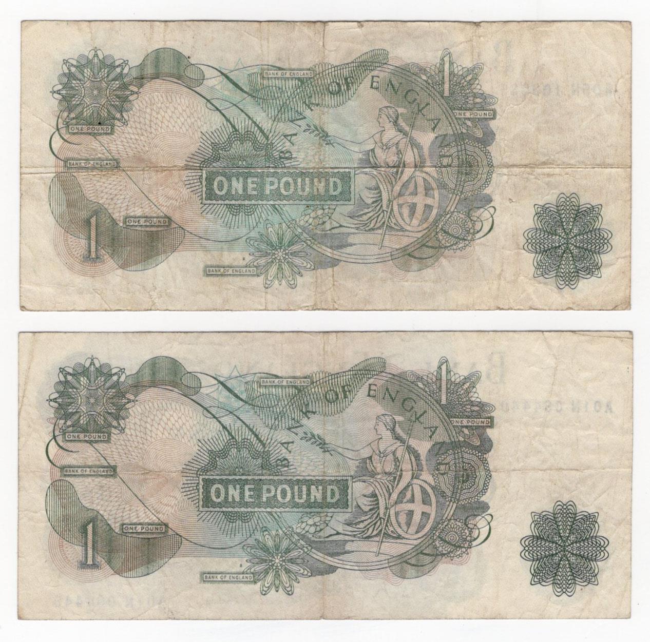 O'Brien 1 Pound (B283) issued 1960 (2), scarce EXPERIMENTAL notes, one FIRST SERIES 'A01N' prefix, - Image 2 of 2