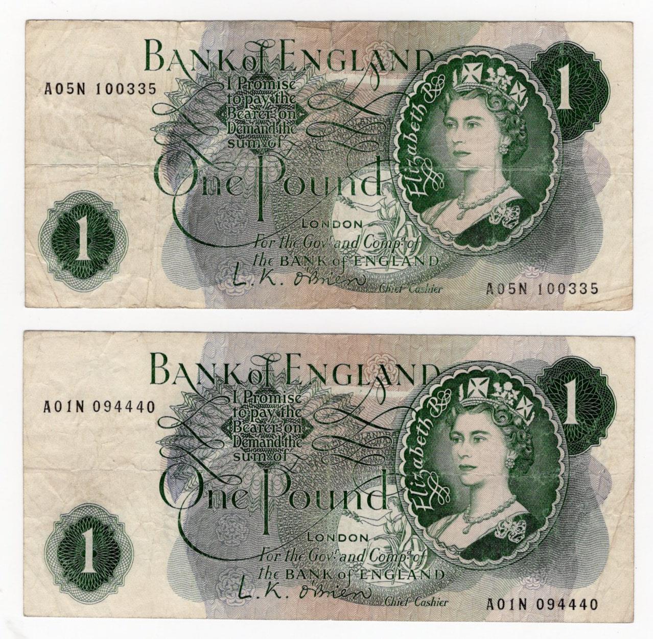 O'Brien 1 Pound (B283) issued 1960 (2), scarce EXPERIMENTAL notes, one FIRST SERIES 'A01N' prefix,