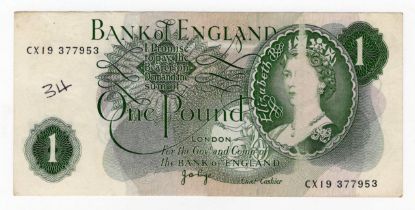 ERROR Page 1 Pound issued 1970, large vertical unprinted area covering part of Queen Elizabeth's