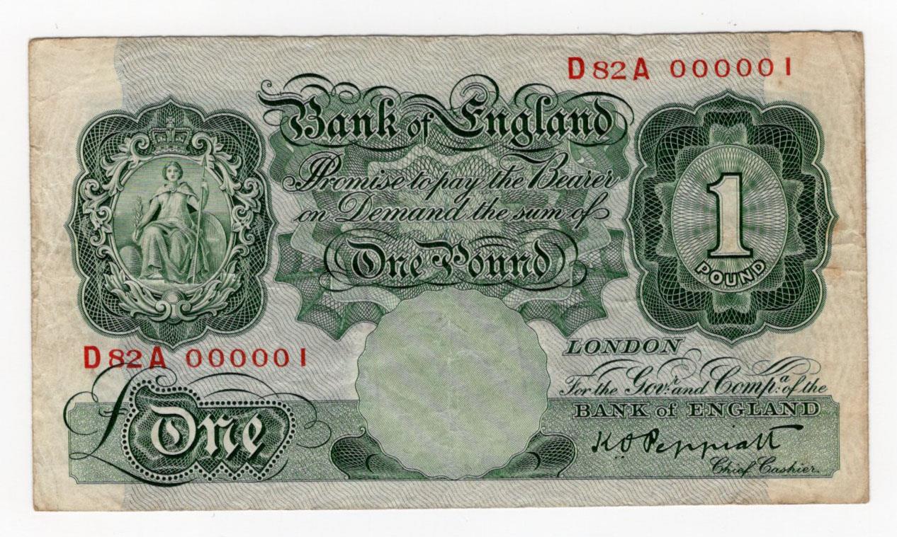 Peppiatt 1 Pound (B239) issued 1934, rare a very hard to find NUMBER 1 note, serial D82A 000001 (