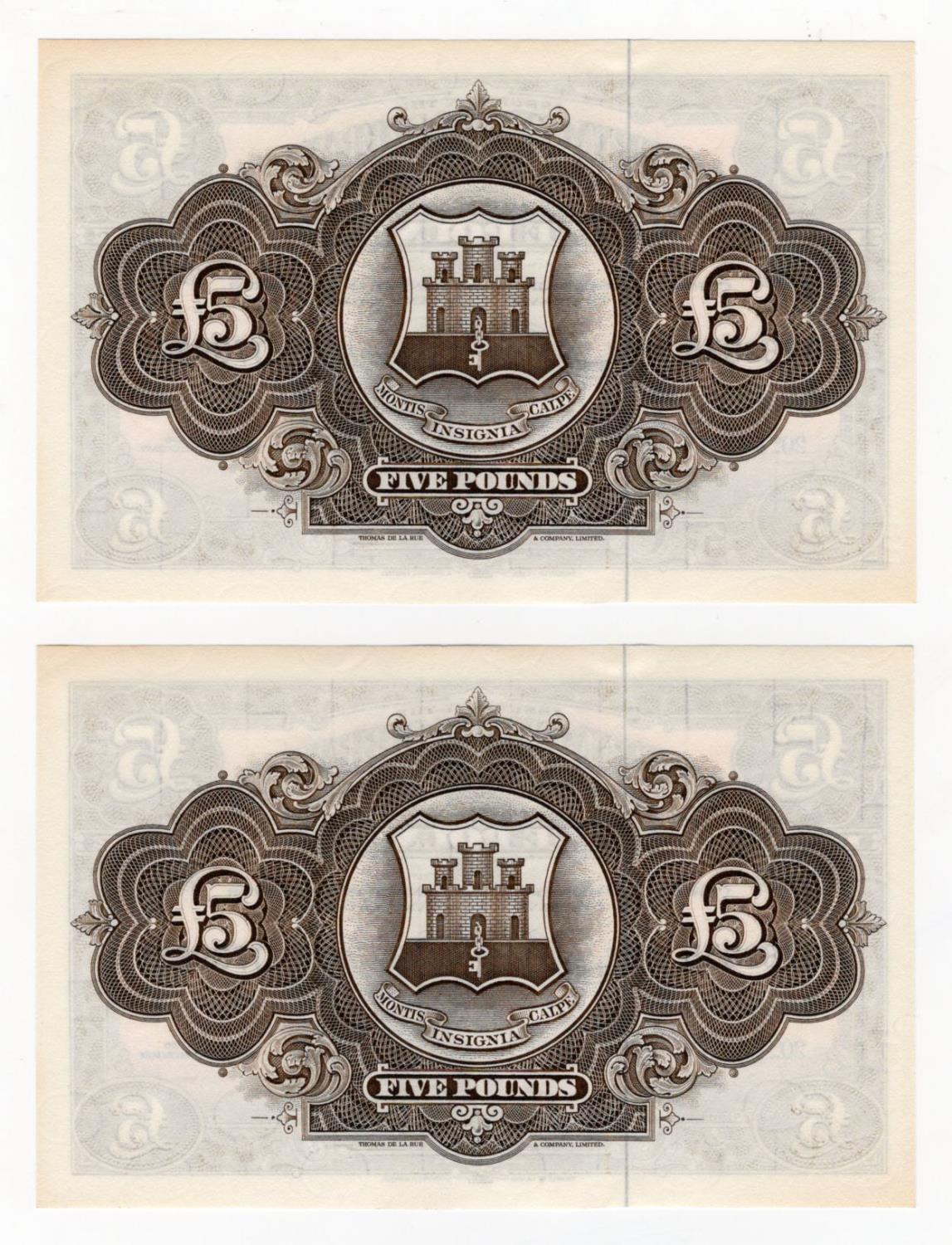 Gibraltar 5 Pounds (2) dated 1975, a consecutively numbered pair, serial D789835 & D789836 (BNB - Image 2 of 2