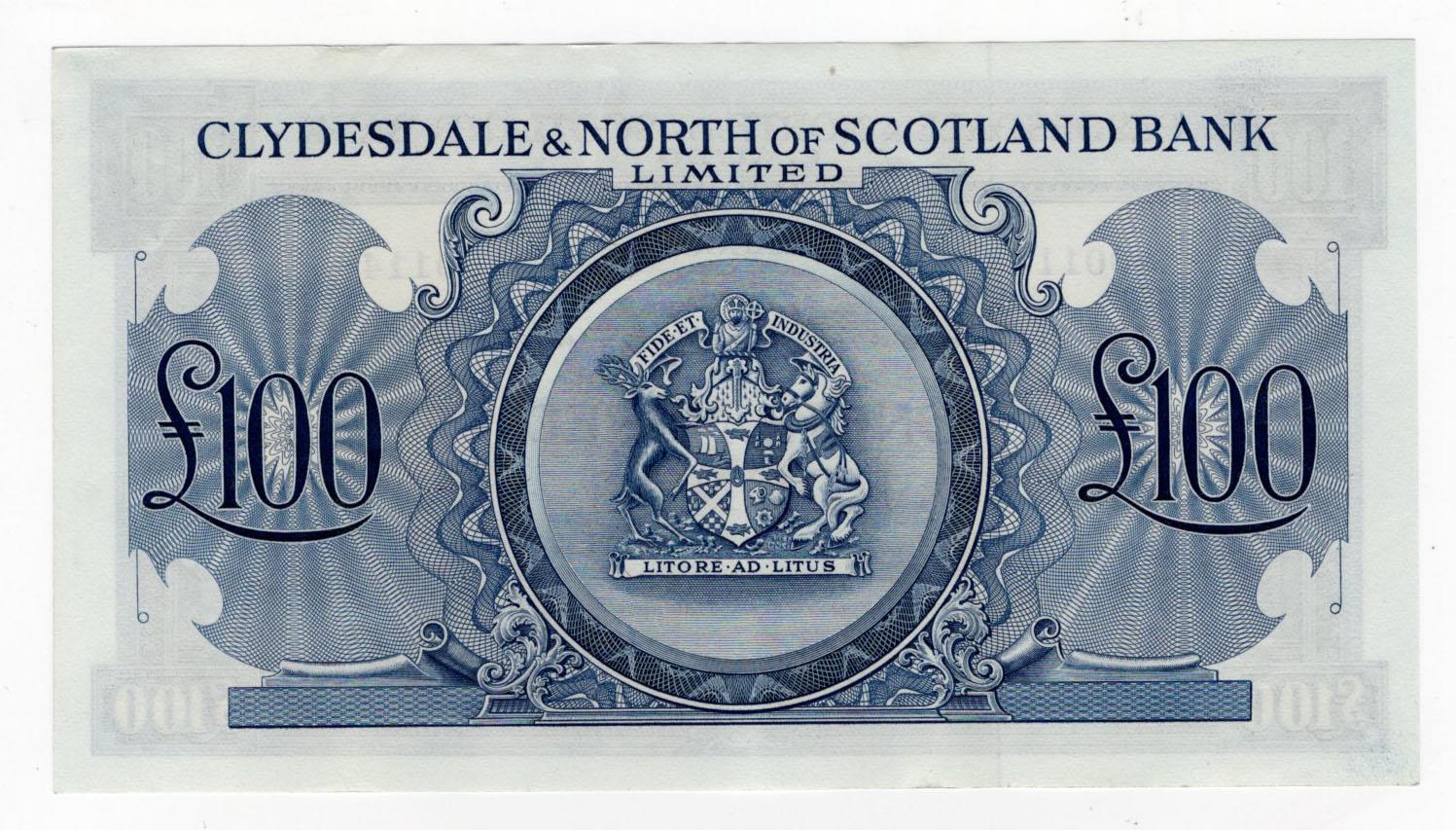 Scotland, Clydesdale & North of Scotland Bank 100 Pounds dated 2nd May 1951, serial A001148 (PMS - Image 2 of 2