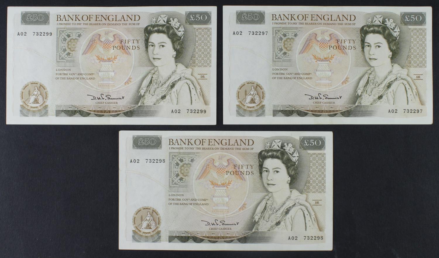 Somerset 50 Pounds (B352) issued 1981 (3), a consecutively numbered run of 'A' PREFIX notes just one