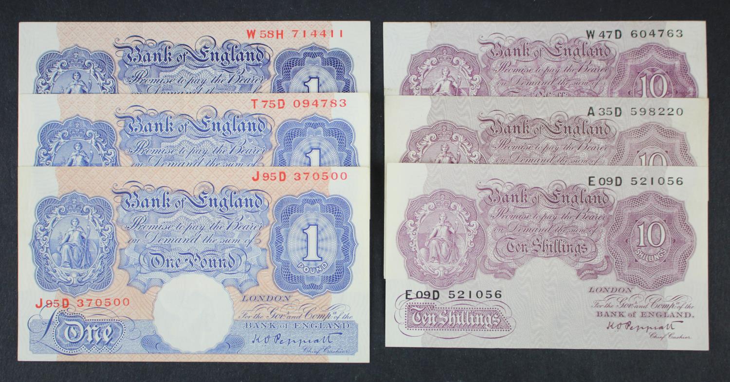 Peppiatt (6), 10 Shillings (3) mauve WW2 emergency issues (B251) and 1 Pound (3) issued 1940, blue
