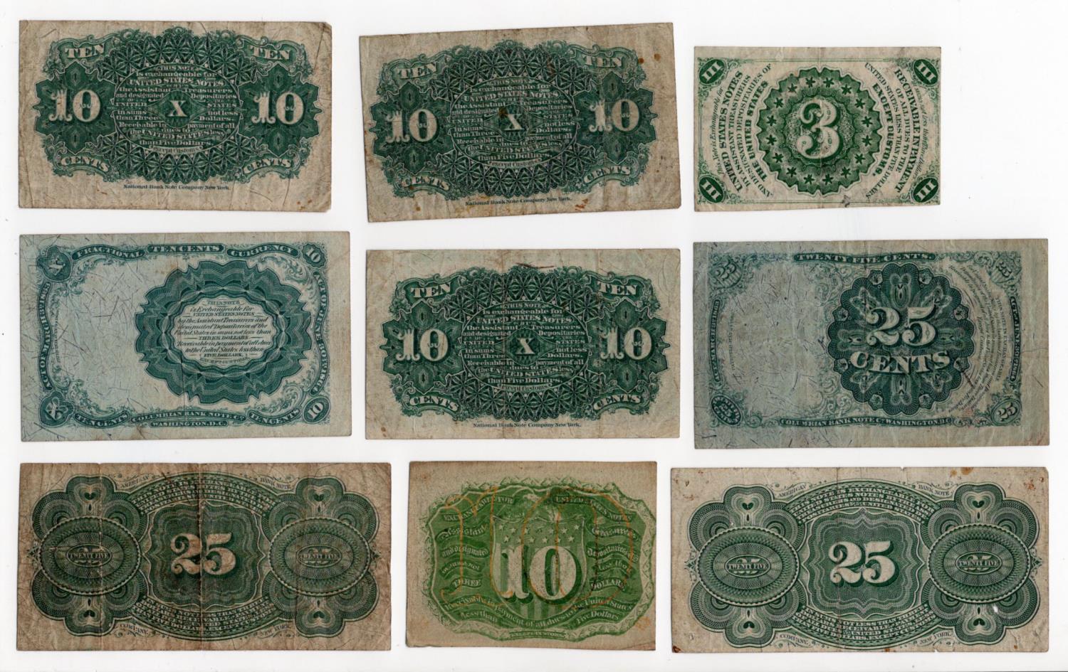 USA Fractional Currency (9), 3 Cents, 10 Cents (4) and 25 Cents (2) dated 3rd March 1863, 10 Cents - Image 2 of 2
