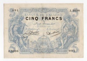 Algeria 5 Francs dated 25th October 1924, serial Z.3098 094 (BNB B117e, Pick71b) pinholes, pressed
