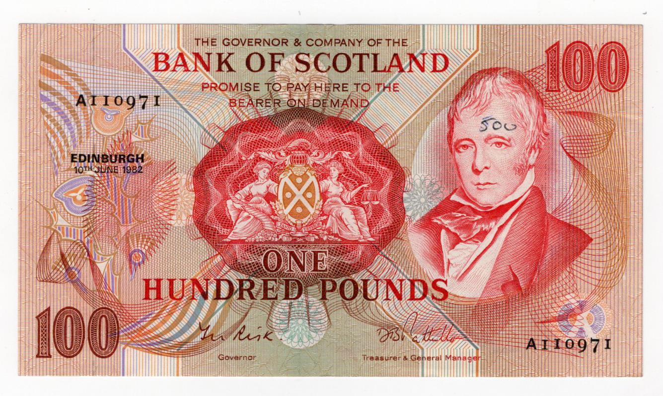 Scotland, Bank of Scotland 100 Pounds dated 10th June 1982, signed Risk & Pattullo, serial